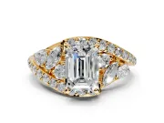 Halo Engagement Ring Setting for Emerald Cut Center with Marquise and Pave Bypass Band and Prong Head in Yellow Gold