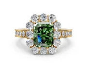 Halo Engagement Ring Setting for Fancy Green Radiant Cut Center with Milgrain Channel Band and Prong Head in Yellow Gold