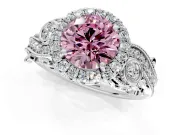 Milgrain Halo Engagement Ring Setting for Fancy Pink Round Cut Center with Shoulder Bezels and Prong Head in Platinum