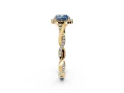 Halo Engagement Ring Setting for Fancy Blue Cushion Cut Center with Twist Band and Prong Head in Yellow Gold