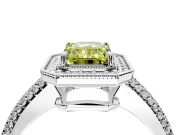 Milgrain Halo Engagement Ring Setting for Fancy Yellow Emerald Cut Center with Three-Sided Pave Band and Prong Head in Platinum