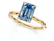 Solitaire Engagement Ring Setting for Fancy Blue Emerald Cut Center with Bamboo Band and Prong Head in Yellow Gold