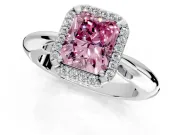 Halo Engagement Ring Setting for Fancy Pink Radiant Cut Center with Tapered Plain Band and Prong Head in Platinum
