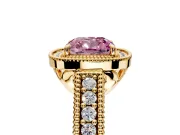 Milgrain Halo Engagement Ring Setting for Fancy Pink Cushion Cut Center with Pave Band and Prong Head in Yellow Gold