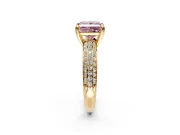 Solitaire Engagement Ring Setting for Fancy Pink Princess Cut Center with Multi-Row Pave Accents and Basket Head in Yellow Gold