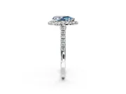 Halo Engagement Ring Setting for Fancy Blue Pear-Shaped Center with Narrowing Pave Band and Prong Head in White Gold