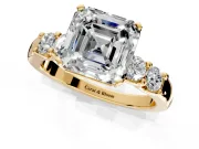 5 Stone Engagement Ring Setting for Asscher Cut Center with Plain Band and Prong Head in Yellow Gold