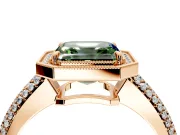 Milgrain Halo Engagement Ring Setting for Fancy Green Asscher Cut Center with Three-Sided Pave Band and Prong Head in Rose Gold