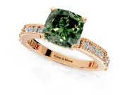 Solitaire Engagement Ring Setting for Fancy Green Cushion Cut Center with Milgrain-Edged Pave Band and Prong Head in Rose Gold