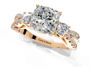 3 Stone Engagement Ring Setting for Cushion Cut Center with Pave Split Shank and Prong Head in Rose Gold