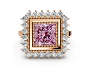 Halo Engagement Ring Setting for Fancy Pink Princess Cut Center with Milgrain Bezel Rim, Plain Band and Prong Head in Rose Gold