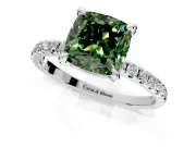 Solitaire Engagement Ring Setting for Fancy Green Cushion Cut Center with Fine Pave Narrow Band and Prong Head in Sterling Silver