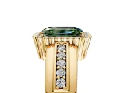 Halo Engagement Ring Setting for Fancy Green Emerald Cut Center with Wide Band, Inlaid Accent Row and Prong Head in Yellow Gold