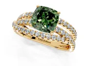 Solitaire Engagement Ring Setting for Fancy Green Cushion Cut Center with Woven 3-Strand Pave Band and Prong Head in Yellow Gold