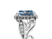 Halo Engagement Ring Setting for Fancy Blue Radiant Cut Center with Leaf Motif Split Shank and Prong Head in Platinum