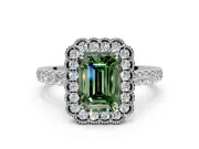 Milgrain Floral Halo Engagement Ring Setting for Fancy Green Emerald Cut Center with Pave Band and Prong Head in White Gold