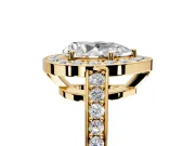 Bezel-Framed Halo Engagement Ring Setting for Pear-Shaped Center with Pave Band and Prong Head in Yellow Gold