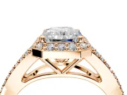 Halo Engagement Ring Setting for Radiant Cut Center with Pave Split Shank and Prong Head in Rose Gold