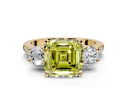 3 Stone Engagement Ring Setting for Fancy Yellow Asscher Cut Center with Crossover Basket, Pave Band and Prong Head in Yellow Gold