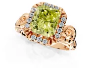 Halo Engagement Ring Setting for Fancy Yellow Radiant Cut Center with Open Scroll Shoulders and Prong Head in Rose Gold