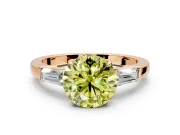 3 Stone Engagement Ring Setting for Fancy Yellow Round Cut Center with Baguette Accents and Prong Head in Rose Gold