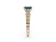 Solitaire Engagement Ring Setting for Fancy Blue Emerald Cut Center with Pave Cathedral Shoulders and Prong Head in Yellow Gold