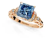 Solitaire Engagement Ring Setting for Fancy Blue Princess Cut Center with Filigree Band and Prong Head in Rose Gold