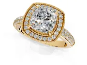 Milgrain Halo Engagement Ring Setting for Cushion Cut Center with Three-Sided Pave Band and Prong Head in Yellow Gold
