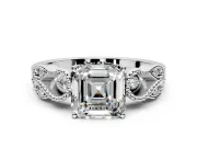 Leaf Engagement Ring Setting for Asscher Cut Center with Milgrain Accent Band and Prong Head in White Gold