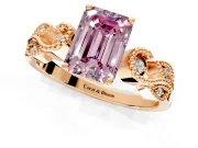Leaf Engagement Ring Setting for Fancy Pink Emerald Cut Center with Milgrain Accent Band and Prong Head in Rose Gold