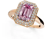 Halo Engagement Ring Setting for Fancy Pink Emerald Cut Center with Plain Tapered Band and Prong Head in Rose Gold