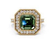 Halo Engagement Ring Setting for Fancy Green Asscher Cut Center with Milgrain Frame, Pave Band and Prong Head in Yellow Gold