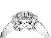 Accent Halo Engagement Ring Setting for Round Cut Center with Full-Length Pave Band and Prong Head in Platinum