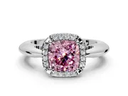 Halo Engagement Ring Setting for Fancy Pink Cushion Cut Center with Tapered Plain Band and Prong Head in White Gold