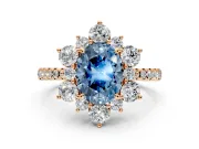 Floral Halo Engagement Ring Setting for Fancy Blue Oval Center with Pave Accents and Prong Head in Rose Gold