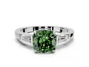 3 Stone Engagement Ring Setting for Fancy Green Cushion Cut Center with Baguette Accents and Prong Head in White Gold