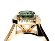 Halo Engagement Ring Setting for Fancy Green Radiant Cut Center with Square Band and Prong Head in Yellow Gold
