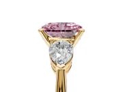 3 Stone Engagement Ring Setting for Fancy Pink Radiant Cut Center with Large Pear-Shaped Accents and Prong Head in Yellow Gold
