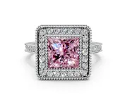 Halo Engagement Ring Setting for Fancy Pink Princess Cut Center with Milgrain Frame, Pave Band and Prong Head in Platinum