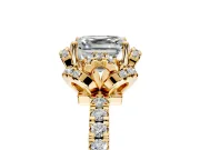 Halo Engagement Ring Setting for Asscher Cut Center with Openwork Halo, Pave Band and Prong Head in Yellow Gold