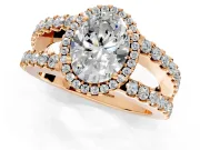 Halo Engagement Ring Setting for Oval Center with Wide-Open Pave Split Shank and Prong Head in Rose Gold
