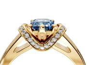 Solitaire Engagement Ring Setting for Fancy Blue Emerald Cut Center with Wide Band, Pave Collar and Prong Head in Yellow Gold