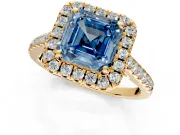 Halo Engagement Ring Setting for Fancy Blue Asscher Cut Center with Raised Halo, Pave Band and Prong Head in Yellow Gold
