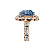 Halo Engagement Ring Setting for Fancy Blue Cushion Cut Center with Narrowing Pave Band and Prong Head in Rose Gold