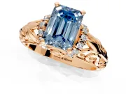 Solitaire Engagement Ring Setting for Fancy Blue Emerald Cut Center with Filigree Accent Basket and Prong Head in Rose Gold