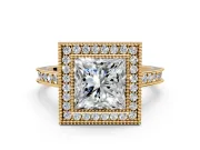 Halo Engagement Ring Setting for Princess Cut Center with Milgrain Pave Band and Bezel Head in Yellow Gold