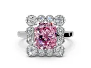 Cluster Halo Engagement Ring Setting for Fancy Pink Radiant Cut Center with Milgrain Bezel Accents and Prong Head in Sterling Silver