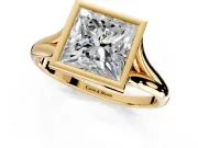 Solitaire Engagement Ring Setting for Princess Cut Center with V Split Shank and Bezel Head in Yellow Gold