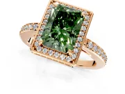 Halo Engagement Ring Setting for Fancy Green Radiant Cut Center with Metal-Rimmed Halo, Pave Band and Prong Head in Rose Gold