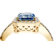 Halo Engagement Ring Setting for Fancy Blue Radiant Cut Center with Heart-Shaped Openwork, Pave Band and Prong Head in Yellow Gold